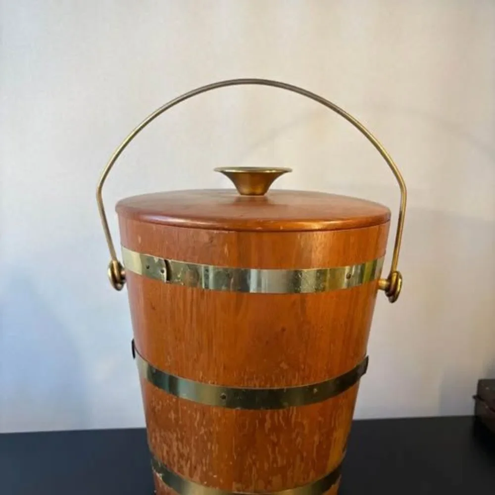 Vintage Mid Century Modern Teak Ice Bucket Brass Bands MCM Barware Barrel